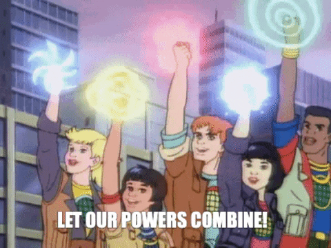Cartoon where kids are holding there hands up in the air saying let our powers combine