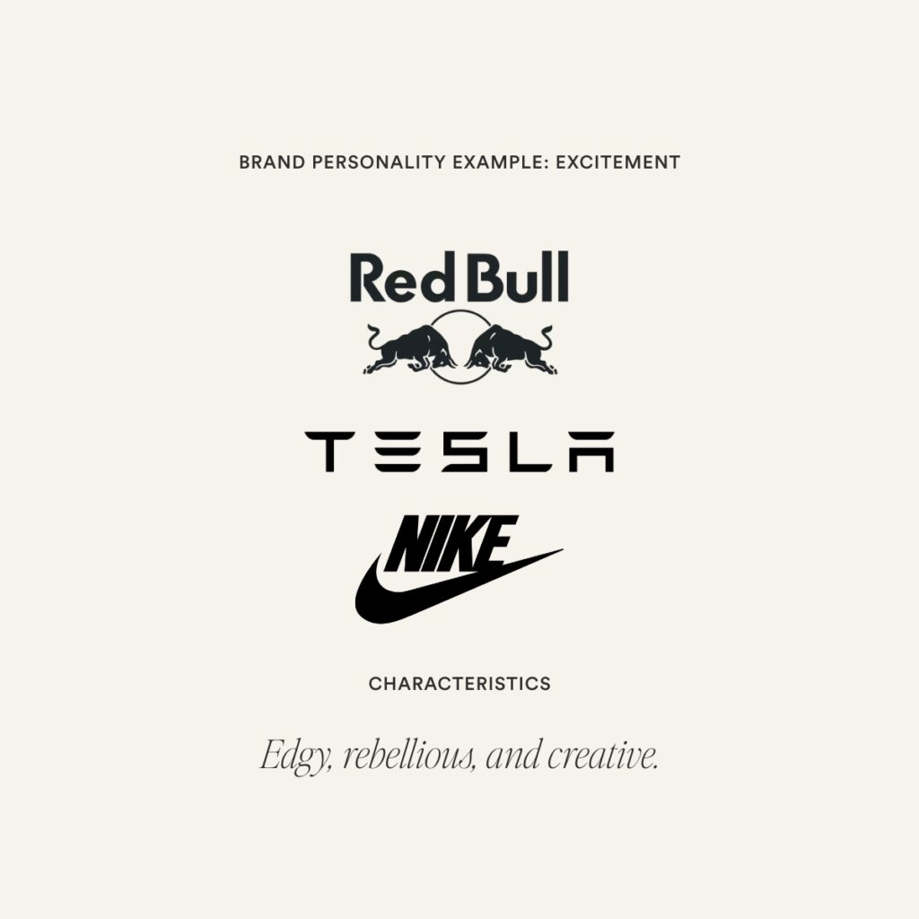 Brand Personality Excitement featuring the red bull, testla, and nike logo along with the traits.
