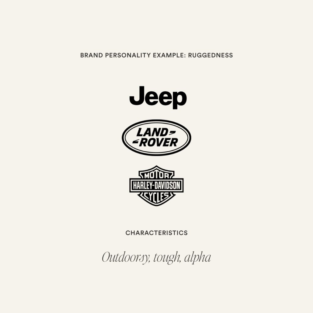 Brand Personality Ruggedness featuring the jeep, land rover, harley davidson logo along with the traits.