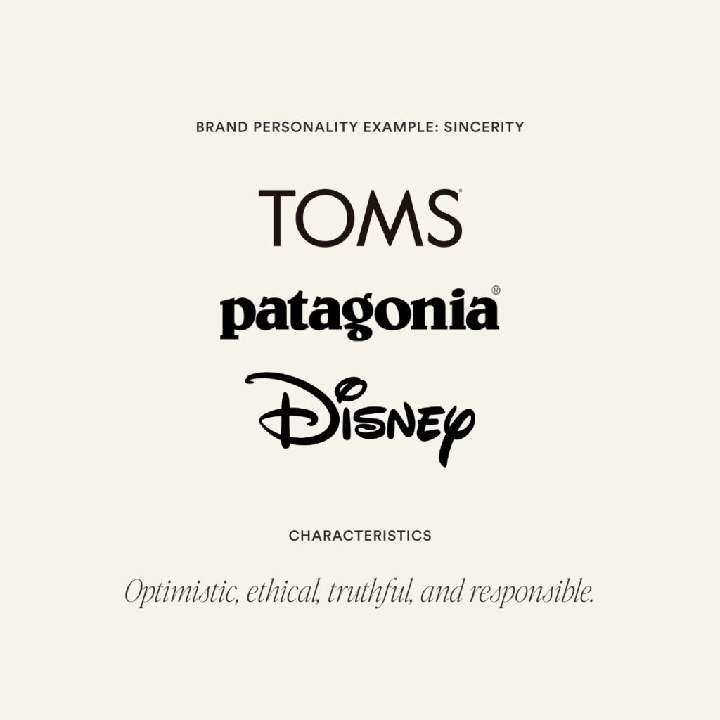 Brand Personality Sincerity featuring the toms, patagonia, disney logo along with the traits.