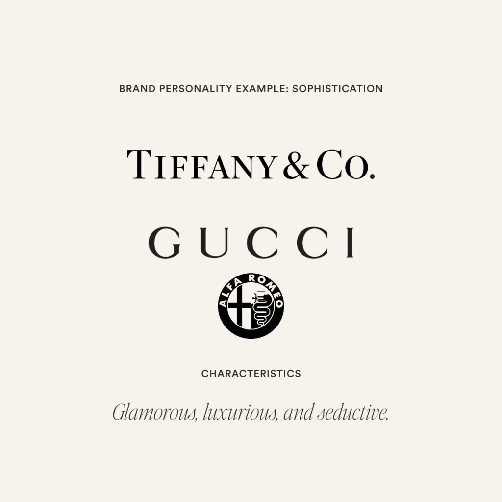 Brand Personality Sophistication featuring the tiffany and co, gucci, and alpha romeo logo along with the traits.