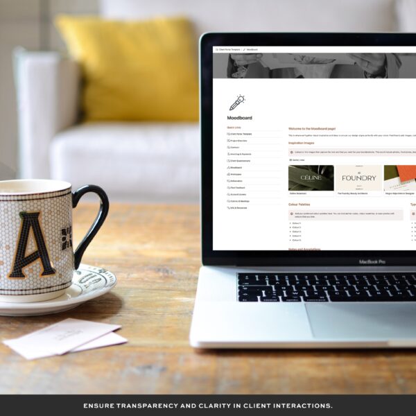 Laptop displaying the Moodboard page of the Ultimate Notion Client Portal Template, with a coffee mug and a note on a wooden table. Text reads: 'Ensure transparency and clarity in client interactions.